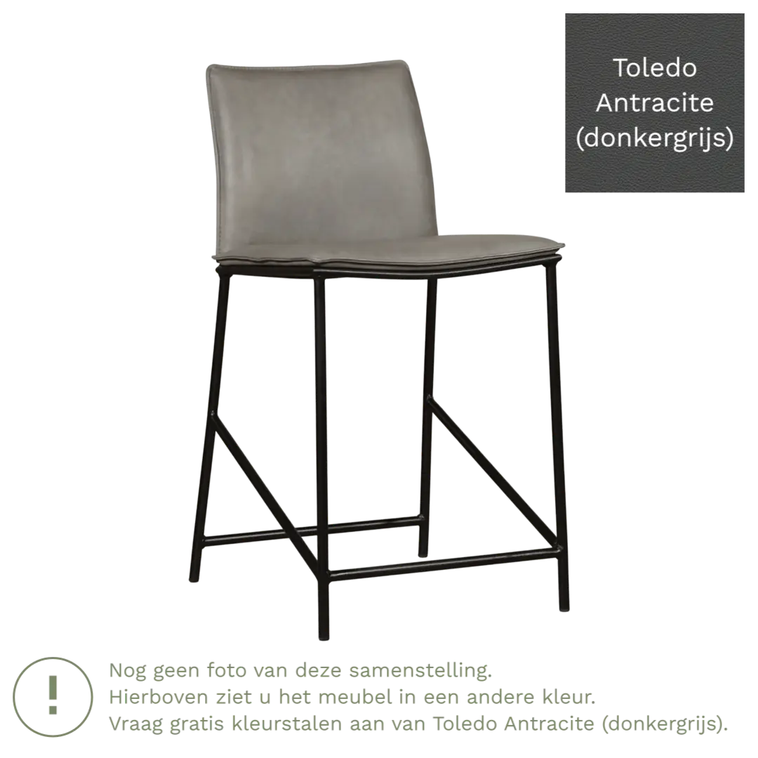 afbeelding van Leren barkruk laag Favor - Toledo Antracite (donkergrijs) - poten staal rond zwart
